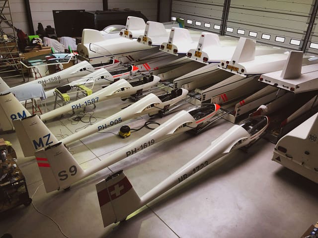 Hangar full of gliders from Glider-Rent at Breda Airport in the Netherlands